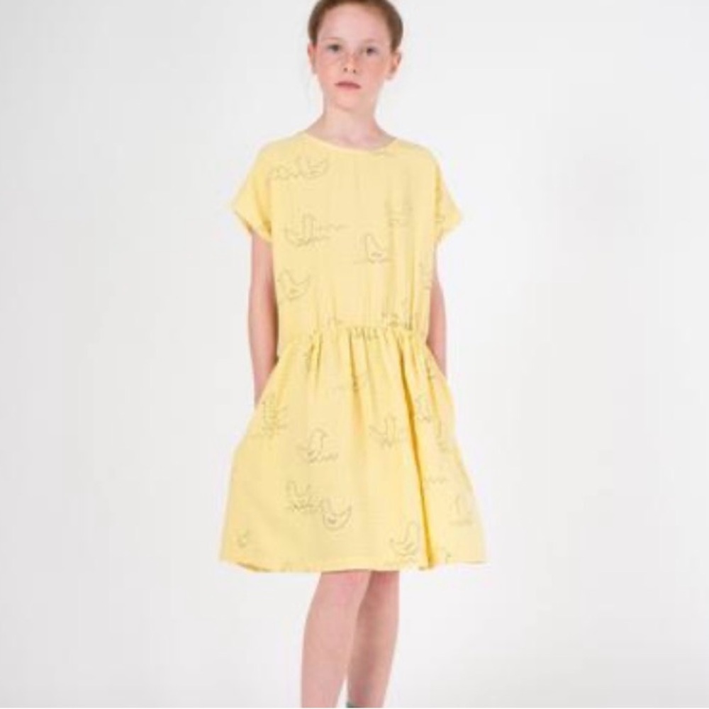 Bobo Choses geese T-shape dress yellow 6-7 years organic cotton nwot
